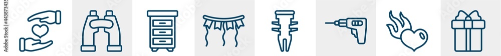 general line icons such as heart between hands, binocular, office cabinet, party decoration, dyupel, gift box with ribbon outline vector sign. symbol, logo illustration. linear style icons set. general line icons such as heart between hands, binocular, office cabinet, party decoration, dyupel, gift box with ribbon outline vector sign. symbol, logo illustration. linear style icons set.