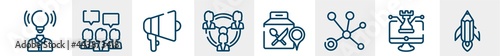 general line icons such as brand awareness, brand engagement, agitation, business networking, food delivery, creative pencil rocket outline vector sign. symbol, logo illustration. linear style icons