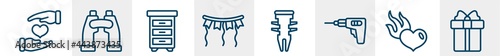 general line icons such as heart between hands, binocular, office cabinet, party decoration, dyupel, gift box with ribbon outline vector sign. symbol, logo illustration. linear style icons set.