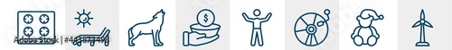 general line icons such as hob, deck chair under the sun, wolf howling, poverty, man with open arms, renewable energy label outline vector sign. symbol, logo illustration. linear style icons set.