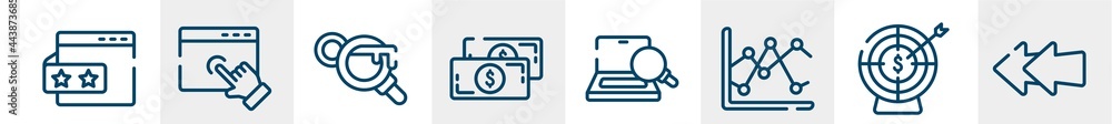 business pack line icons such as rating stars, web cursor, keyword search, big paper bill, optimizer, two left arrows outline vector sign. symbol, logo illustration. linear style icons set. pixel business pack line icons such as rating stars, web cursor, keyword search, big paper bill, optimizer, two left arrows outline vector sign. symbol, logo illustration. linear style icons set. pixel