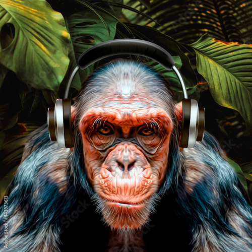 portrait monkey with headphones in the jungle