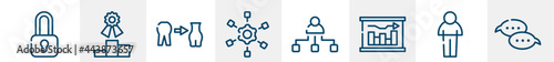 seo and online marketing line icons such as locked padlock, competitive, weight loss, project scheme, org, speech bubbles outline vector sign. symbol, logo illustration. linear style icons set.