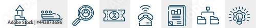 project management line icons such as upload folder, bobsleigh, headhunting, discount voucher, ringing, creative plan outline vector sign. symbol, logo illustration. linear style icons set. pixel