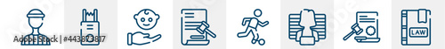 law and justice line icons such as prisioner, electroshock weapon, child custody, documents, escape, law book outline vector sign. symbol, logo illustration. linear style icons set. pixel perfect
