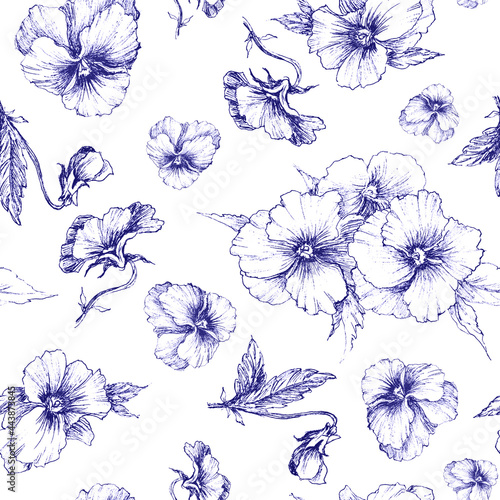 Seamless floral pattern with pansy flowers isolated on white background