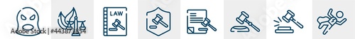 law and justice line icons such as balaclava, environmental law, constitutional law, defense, legal paper, crime scene outline vector sign. symbol, logo illustration. linear style icons set. pixel