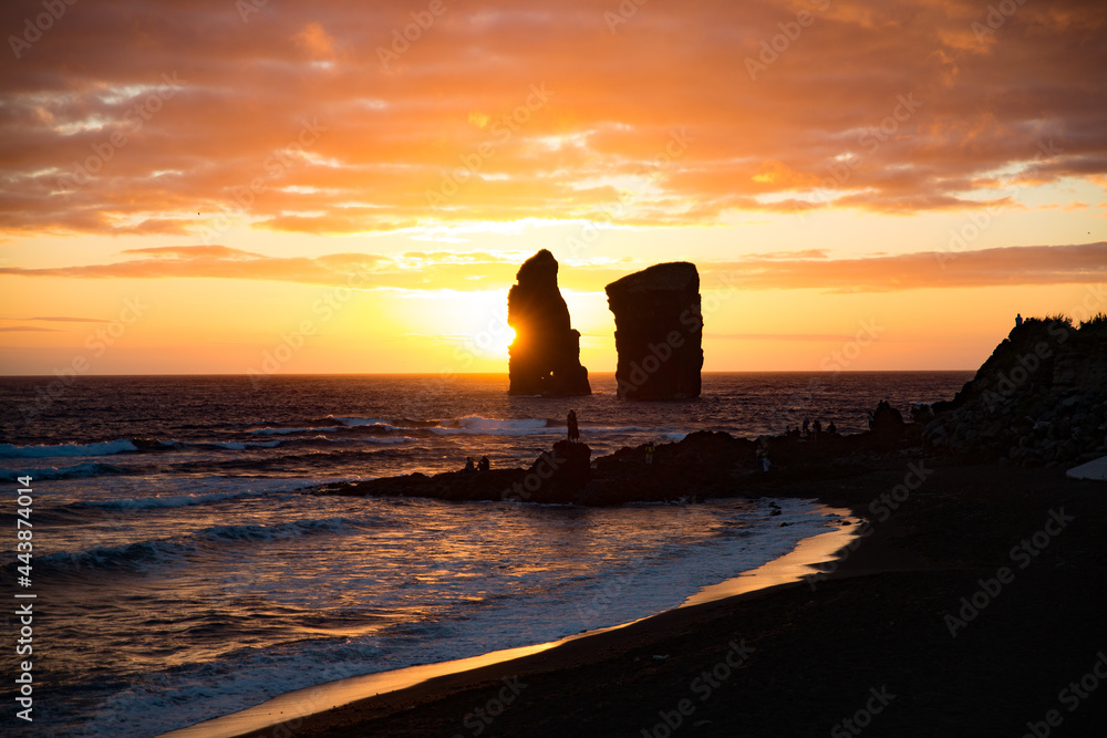 Mosteiros beach on the island of Sao Miguel in the Portugese Azores. Sunset sensation. Vulcanic beach.