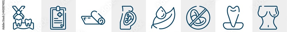 medical and dental line icons such as extraction, clinic history, yoga mat, fetus, leaf and drop, breasts outline vector sign. symbol, logo illustration. linear style icons set. pixel perfect vector medical and dental line icons such as extraction, clinic history, yoga mat, fetus, leaf and drop, breasts outline vector sign. symbol, logo illustration. linear style icons set. pixel perfect vector