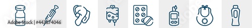 baby line icons such as vial, syringe needle, hearing aid, iv, antibiotic, baby powder outline vector sign. symbol, logo illustration. linear style icons set. pixel perfect vector graphics.