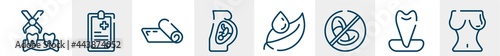 medical and dental line icons such as extraction, clinic history, yoga mat, fetus, leaf and drop, breasts outline vector sign. symbol, logo illustration. linear style icons set. pixel perfect vector