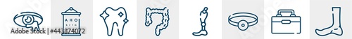 plastic surgery line icons such as infection, sight check table, orthodontic, intestine, prothesis, ankle outline vector sign. symbol, logo illustration. linear style icons set. pixel perfect vector