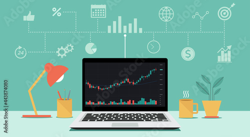 Cryptocurrency, forex, stock trade on laptop computer or notebook with icon and financial chart to buy and sell for exchange market concept, vector flat illustration