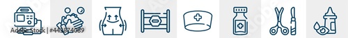 opthalmology line icons such as defibrillator, washing hand, operating, road block, doctor cap, eye drop outline vector sign. symbol, logo illustration. linear style icons set. pixel perfect vector