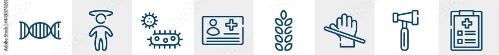Obraz premium medical services line icons such as genes, dizzy, bacterium, medical card, gluten, examination outline vector sign. symbol, logo illustration. linear style icons set. pixel perfect vector graphics.