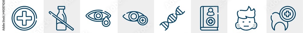 Obraz premium allergies line icons such as cross, lactose intolerant, conjunctivitis, ophthalmology, adn, dental care outline vector sign. symbol, logo illustration. linear style icons set. pixel perfect vector