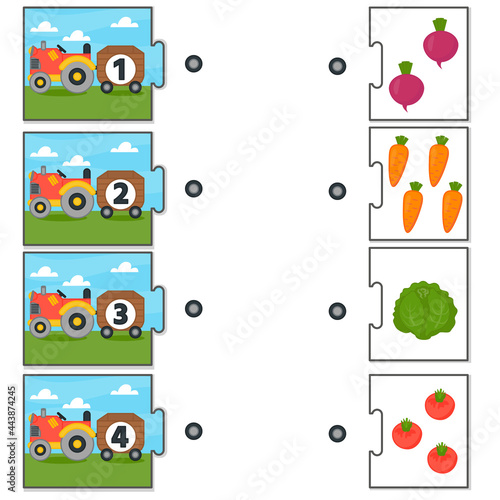 Education match game for kids. Counting from 1 to 4. Count the vegetables in the tractor. Collection puzzle with numbers and vegetables. Puzzle Game, Mosaic