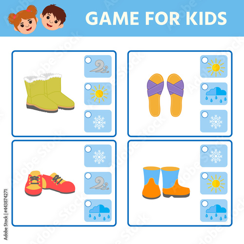 Educational worksheet for children. Game for Kids. Find matching item. Shoes. Weather. Activity Worksheet for kids learning forms. Logic puzzle game. Vector illustration