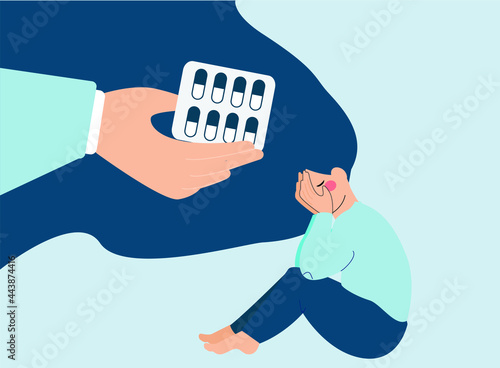 A hand gives meds and sedatives to a woman to get rid of negative thoughts. Addicted female covering her face. Lonely girl needs support because of depression stress. Mental health psychology concept.