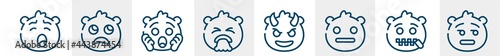 emoji line icons such as yawning emoji, slightly frowning emoji, shocked disgusted smiling with horns dissapointment outline vector sign. symbol, logo illustration. linear style icons set. pixel
