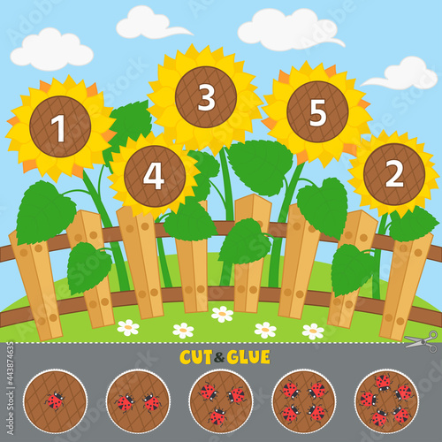 Learning game for kids. Cut and glue the ladybugs to the sunflowers. Count from 1 to 5. Printable worksheet. Vector illustration