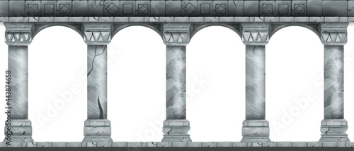 Stone arch vector illustration, marble ancient Roman colonnade, Greek antique pillars isolated on white. Classic palace column, facade portal frame, cracked vintage castle arcade. Temple stone arch photo