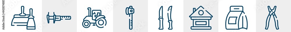tools and machinery line icons such as two spatulas, calipers, farm tractor, wood cutter, knives, open pliers outline vector sign. symbol, logo illustration. linear style icons set. pixel perfect tools and machinery line icons such as two spatulas, calipers, farm tractor, wood cutter, knives, open pliers outline vector sign. symbol, logo illustration. linear style icons set. pixel perfect