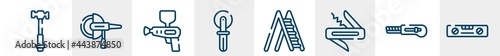 home repair fill line icons such as hammer facinf left, grinder machine, spray gun, knife for pizza, ladder open, balance ruler outline vector sign. symbol, logo illustration. linear style icons