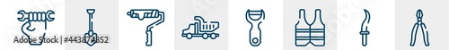 tools and machinery line icons such as labor day, long shovel, brush for painting, tipper truck, peeler, big pliers outline vector sign. symbol, logo illustration. linear style icons set. pixel