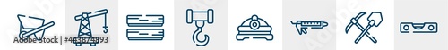 tools and machinery line icons such as wheelbarrow full, small crane, boards, crane hook, torch helmet, level gauge outline vector sign. symbol, logo illustration. linear style icons set. pixel