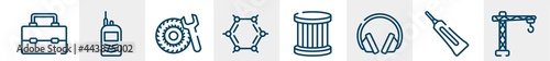 construction tools line icons such as lunchbox, portable radio, tyre, benzene, oil filter, lifter outline vector sign. symbol, logo illustration. linear style icons set. pixel perfect vector
