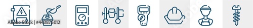 construction line icons such as electrical panel, crucible, ammeter, cement mixer, multimeter, screws outline vector sign. symbol, logo illustration. linear style icons set. pixel perfect vector