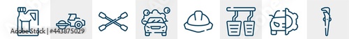 construction line icons such as gasoline, steamroller, lug wrench, car wash, utensils, adjustable spanner outline vector sign. symbol, logo illustration. linear style icons set. pixel perfect vector
