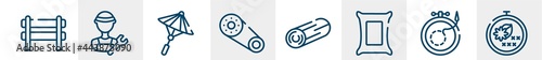 handcraft line icons such as barricade, plumber, japanese umbrella, timing belt, woods, cross stitch outline vector sign. symbol, logo illustration. linear style icons set. pixel perfect vector