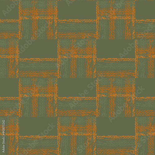 Abstract vector gauze brush effect rectangles seamless pattern background. Grid offset block backdrop of sage green ochre coarse painterly squares with spliced edges.Textured fibre weave shapes repeat