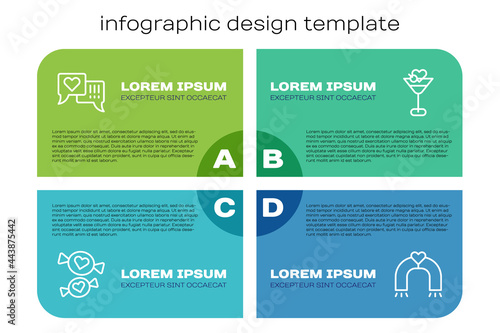 Set line Candy, Heart in speech bubble, Love magnet and Martini glass. Business infographic template. Vector