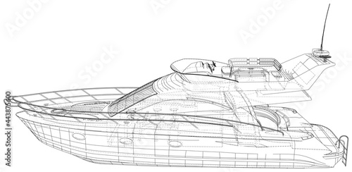 Close-up Yacht. Outline drawing Marine Yacht. Vector created of 3d, Wire-frame.