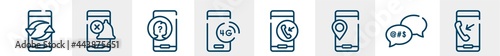 mobile phones line icons such as exchanging arrows, silent bell, unknown user, 4g technology, incoming call, outgoing call outline vector sign. symbol, logo illustration. linear style icons set.