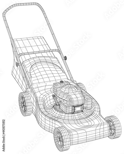 Petrol Lawn mower machine. Garden instrument. Technical illustration wire-frame. Vector rendering of 3d