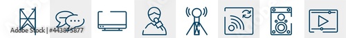 communication and media line icons such as lace, chatting, tv screen, male reporter, wireless connectivity, video play outline vector sign. symbol, logo illustration. linear style icons set. pixel