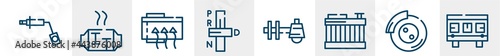car parts line icons such as car wheel brace, car catalytic converter, demister, transmission, sump, cylinder head outline vector sign. symbol, logo illustration. linear style icons set. pixel