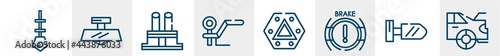 car parts line icons such as car dipstick, car rear-view mirror, distributor cap, towbar, hazard lights, boot outline vector sign. symbol, logo illustration. linear style icons set. pixel perfect