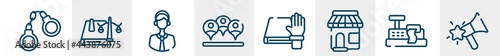 marketing line icons such as handcuffs, law book, telemarketer, viral, oath, favourites outline vector sign. symbol, logo illustration. linear style icons set. pixel perfect vector graphics.
