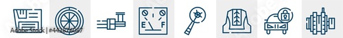 car parts line icons such as car glove compartment, car spare wheel, distributor, petrol gauge, crank, alternator outline vector sign. symbol, logo illustration. linear style icons set. pixel