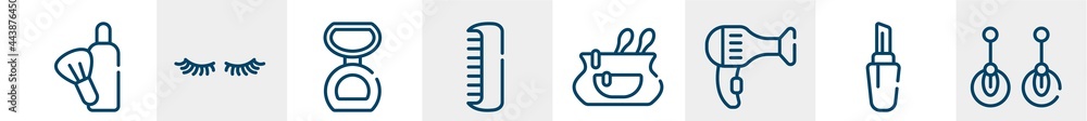 beautiful line icons such as after shave, two eyelashes, matte powder, men comb, cosmetic bag, two earrings outline vector sign. symbol, logo illustration. linear style icons set. pixel perfect beautiful line icons such as after shave, two eyelashes, matte powder, men comb, cosmetic bag, two earrings outline vector sign. symbol, logo illustration. linear style icons set. pixel perfect