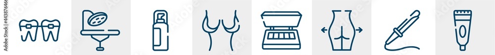 beauty and spa line icons such as braces, operating table, hair spray, breast uction, eye shadow, tooth paste outline vector sign. symbol, logo illustration. linear style icons set. pixel perfect beauty and spa line icons such as braces, operating table, hair spray, breast uction, eye shadow, tooth paste outline vector sign. symbol, logo illustration. linear style icons set. pixel perfect