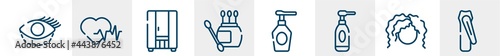 beauty and spa line icons such as blepharoplasty, hearts, infra, earbuds, spray bottle, nail clippers outline vector sign. symbol, logo illustration. linear style icons set. pixel perfect vector