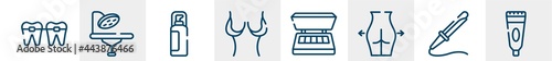beauty and spa line icons such as braces, operating table, hair spray, breast uction, eye shadow, tooth paste outline vector sign. symbol, logo illustration. linear style icons set. pixel perfect