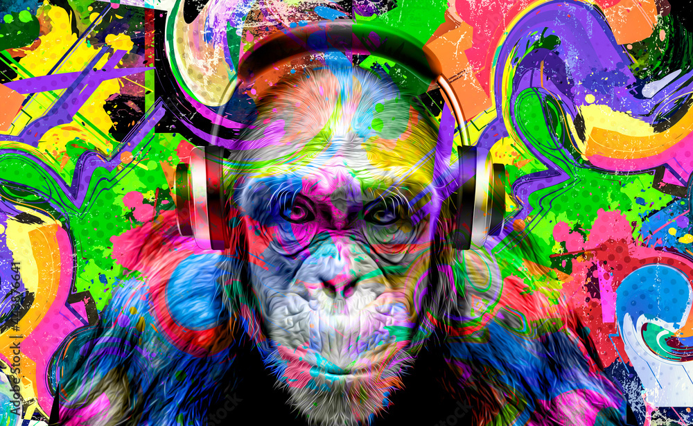 Colorful artistic monkey in eyeglasses with colorful paint splatters on white background - obrazy, fototapety, plakaty 