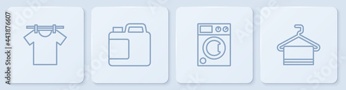 Set line Drying clothes, Washer, Bottle for cleaning agent and Towel on hanger. White square button. Vector